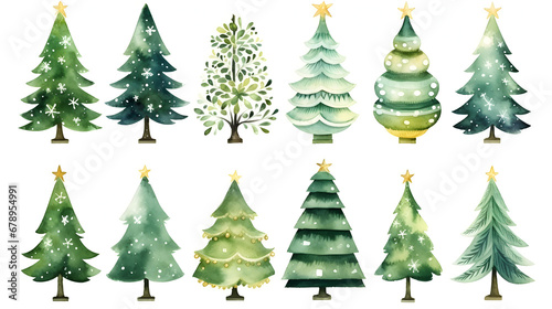 Watercolor christmas trees set isolated on white background photo