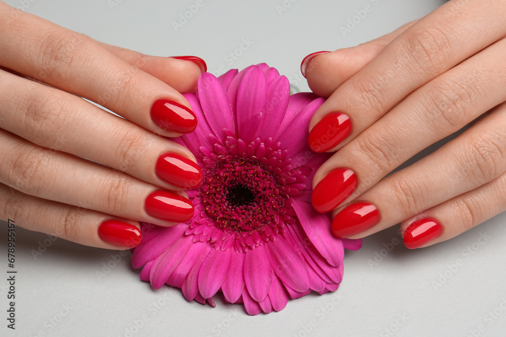 Woman with red polish on nails touching flower on white background, closeup Woman with red polish on nails touching flower on white background, closeup