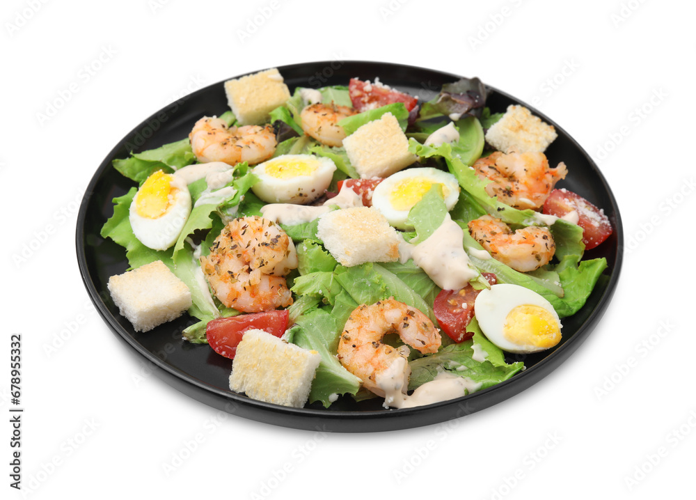 Delicious Caesar salad with shrimps isolated on white Delicious Caesar salad with shrimps isolated on white