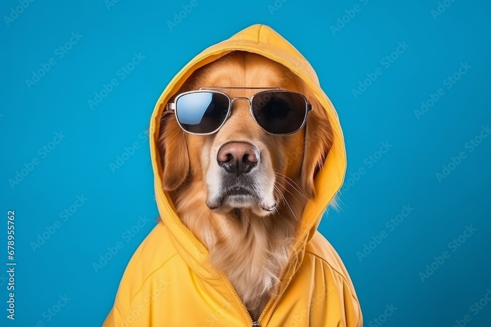Golden retriever wearing blue hoodie and sunglasses on studio background