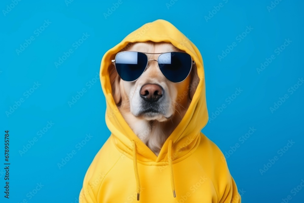 Golden retriever wearing blue hoodie and sunglasses on studio background