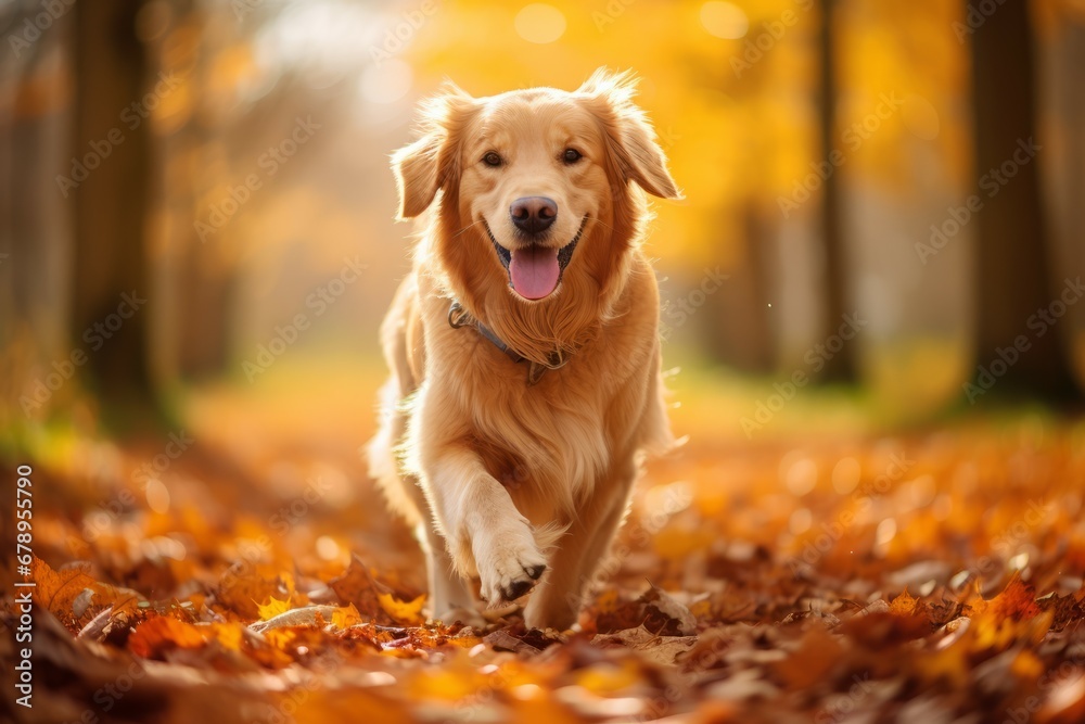 Golden retriever walking outdoors during autumn surrounded by fallen leaves