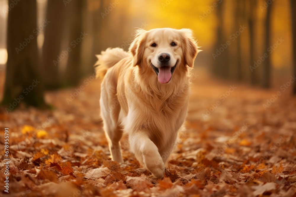 Golden retriever walking outdoors during autumn surrounded by fallen leaves