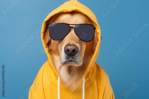 Golden retriever wearing blue hoodie and sunglasses on studio background © Muh