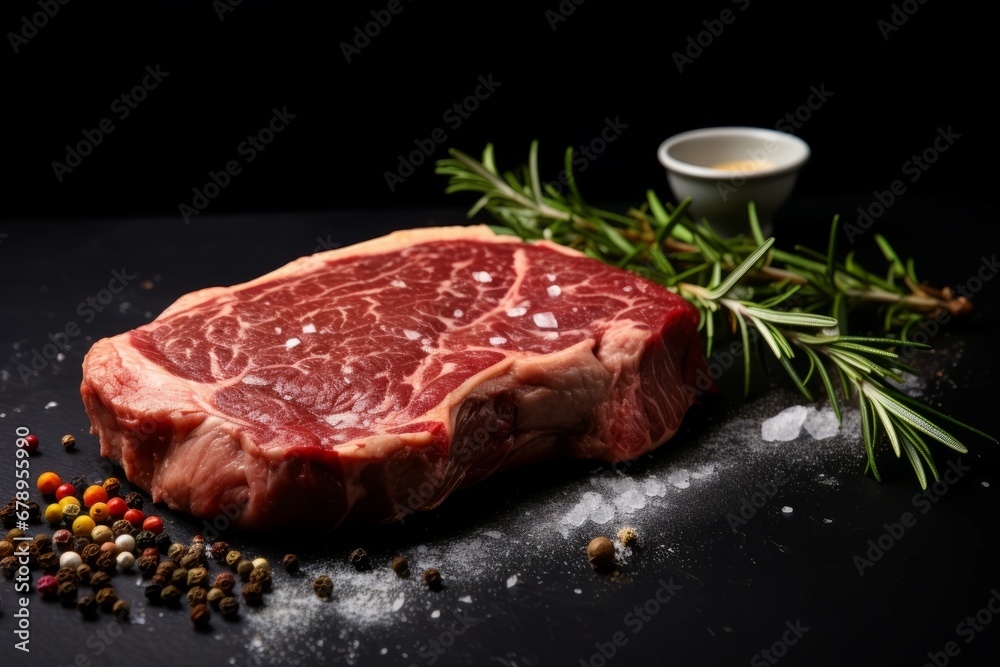 Fresh ribeye steak with seasonings on a dark background