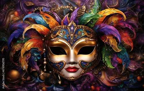 Happy Mardi Gras poster. Venetian masquerade mask with colourful feathers for women. Sequin mask for carnivals. Costume party outfit. Paper mache style face covering. AI Generative