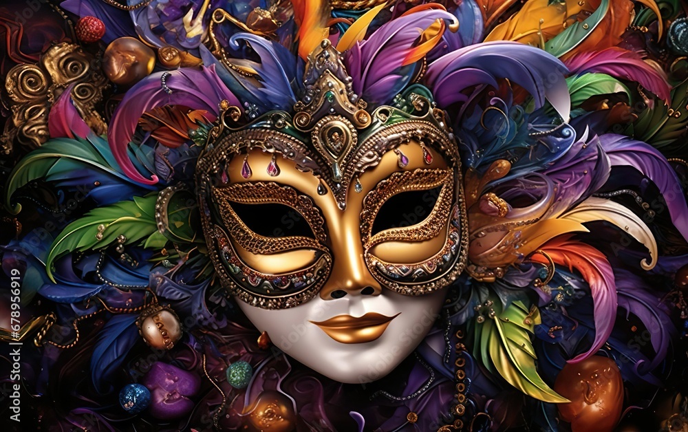 Happy Mardi Gras poster. Venetian masquerade mask with feathers for women. Sequin mask for carnivals. Costume party outfit. Paper mache style face covering. AI Generative