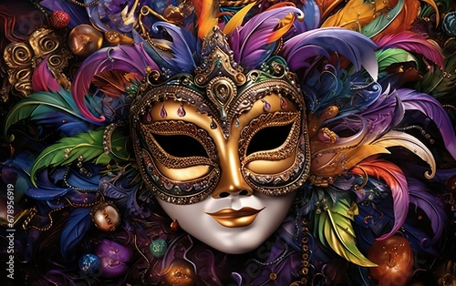 Happy Mardi Gras poster. Venetian masquerade mask with feathers for women. Sequin mask for carnivals. Costume party outfit. Paper mache style face covering. AI Generative
