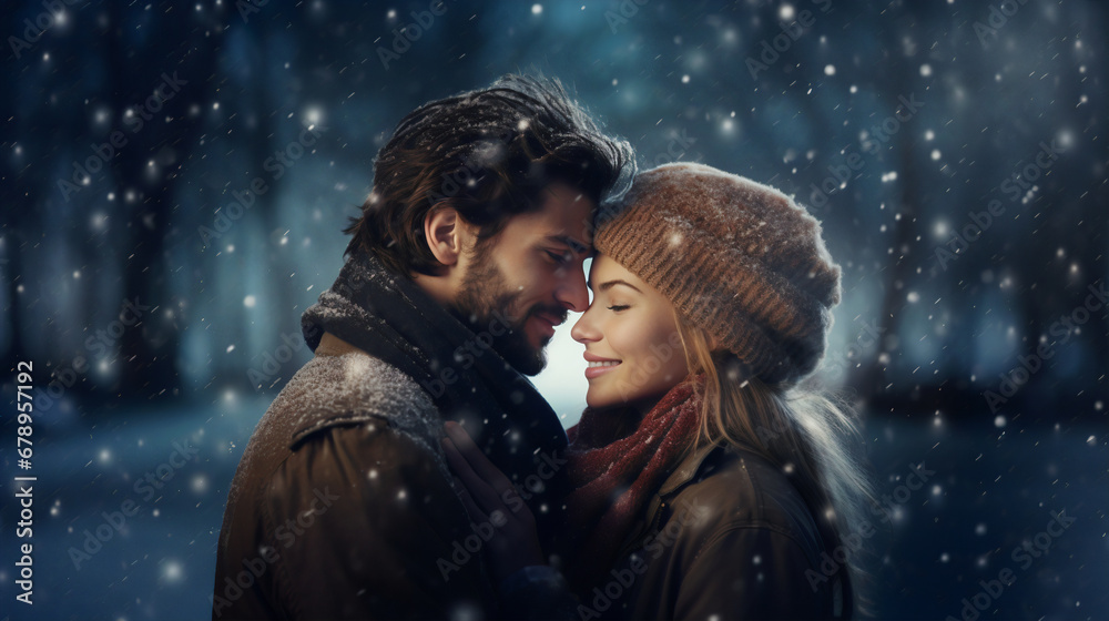 Portrait of a young couple enjoying in wintertime on romantic snowfall background Portrait of a young couple enjoying in wintertime on romantic snowfall background