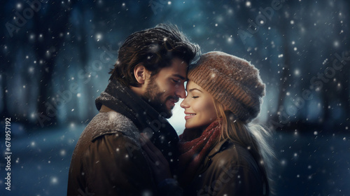 Portrait of a young couple enjoying in wintertime on romantic snowfall background