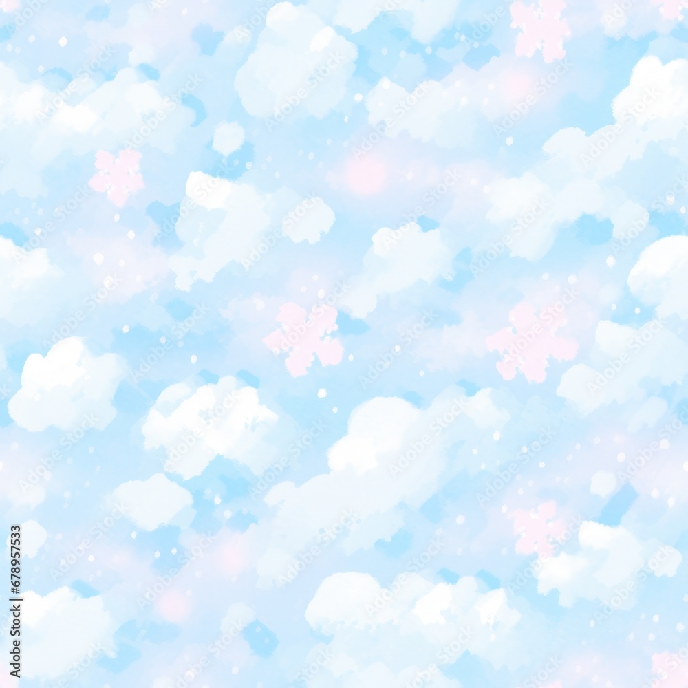 Cute seamless pattern with clouds and snowflakes. Vector illustration.