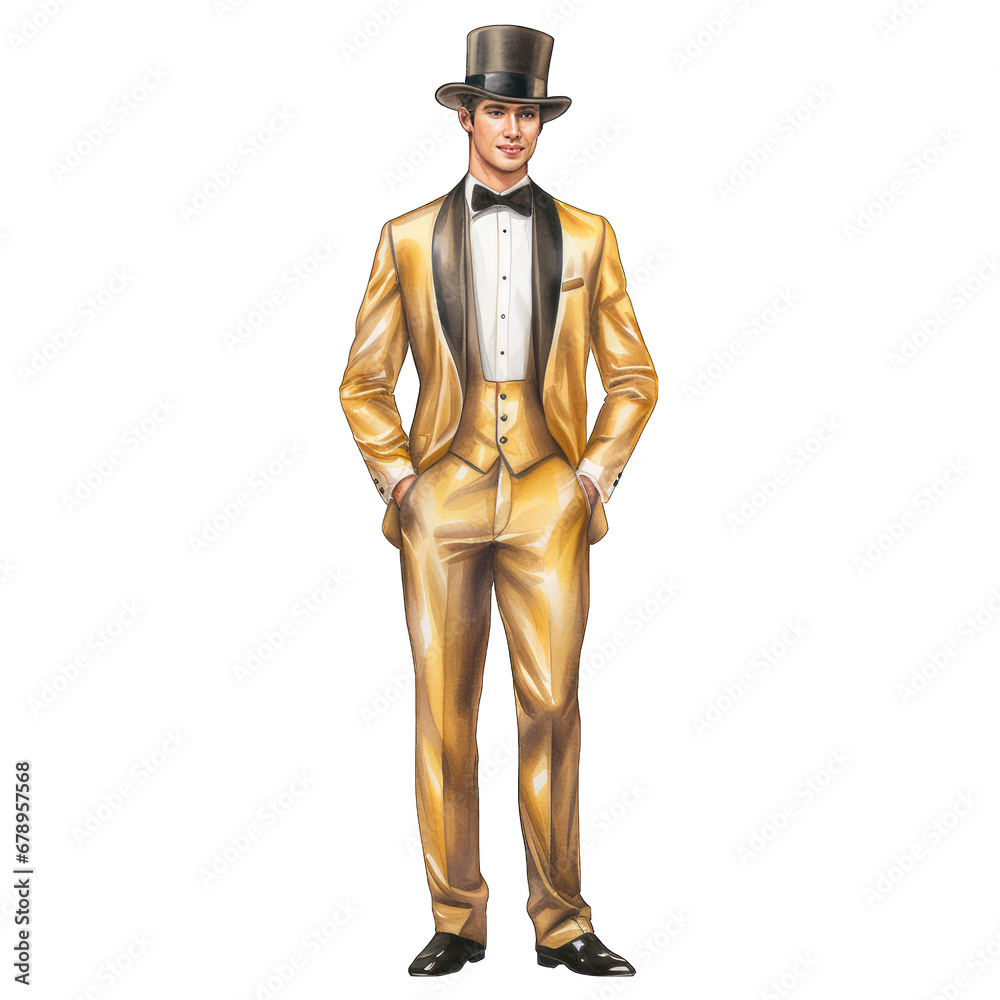 Man wearing a gold tuxedo and top hat, isolated on white