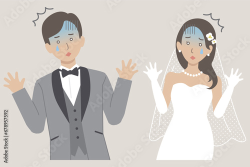 結婚式イラスト、両手を広げて驚愕して悲しむ新郎新婦