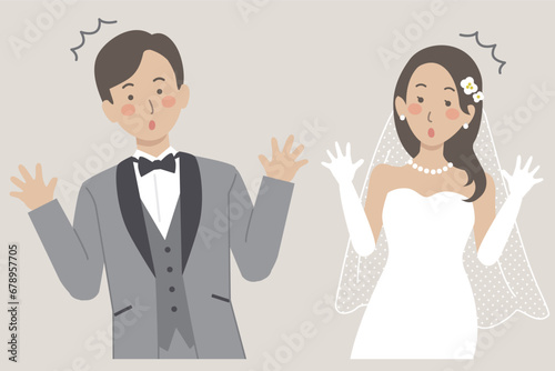 結婚式イラスト、ウェディング、両手を広げて驚く新郎新婦