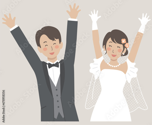 結婚式イラスト、バンザイをして喜ぶ新郎新婦