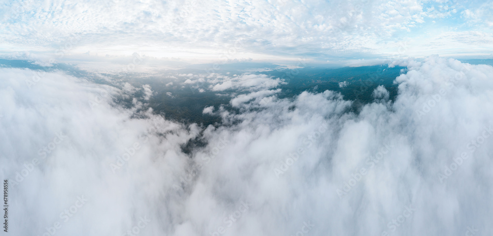 panorama of clouds and morning sky or Doi Dam Viewpoint on the mountain full of fog in sea of clouds at dawn, Wiang Haeng district, Chiang Mai Thailand Asian, Sky above clouds, 