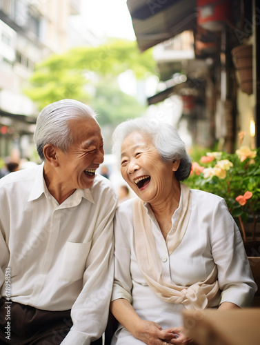Senior couple sitting on a bench in the street and laughing