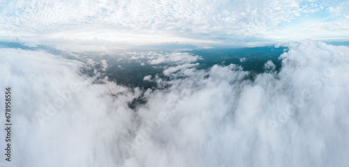 Fototapeta Naklejka Na Ścianę i Meble -  panorama of clouds and morning sky or Doi Dam Viewpoint on the mountain full of fog in sea of clouds at dawn, Wiang Haeng district, Chiang Mai Thailand Asian, Sky above clouds, 