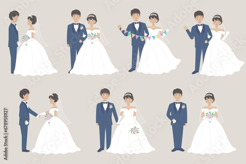 ウェディングドレス、タキシード、新郎新婦、全身、結婚式イラストバリエーションセット