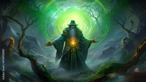 A powerful druid radiates an aura of soothing green light as they manipulate primordial energies in the air around them crafting clouds of dancing fire and frost from the four elements. photo