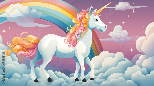 White unicorn pony in a fantasy cloud scene  pastel colors  with rainbow  cartoon