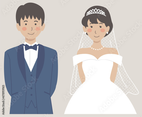結婚式イラスト、後ろで腕を組む新郎新婦