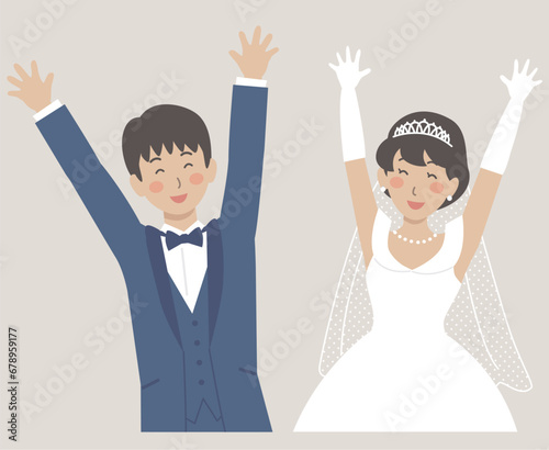 結婚式イラスト、バンザイをして喜ぶ新郎新婦
