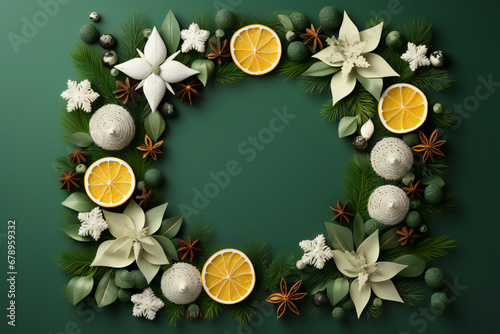 Top view of Christmas background with branches and pine cones, balls, spices, cookies. Golden New Year wreath with decorations. Round frame, copy space. 