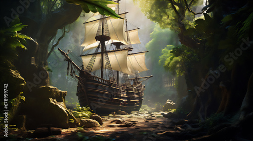 wood old sailing ship stranded in the middle of tropical forest, giant trees, hyper realistic, dramatic light photo
