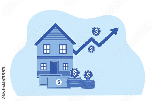 Home loan, mortgage loan interest rate with growth graph. Increasing of interest rates, real estate and property investment vector illustration 