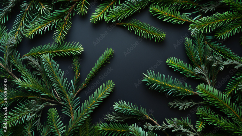 Christmas green tree, pine branches background. Texture, holiday wallpaper. Flat lay. Nature New Year concept
