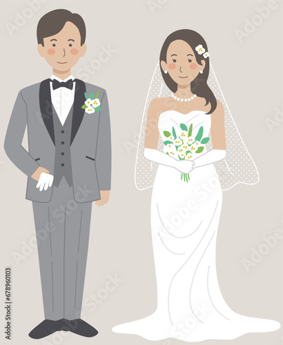 結婚式イラスト、正面を向いて並ぶ新郎新婦