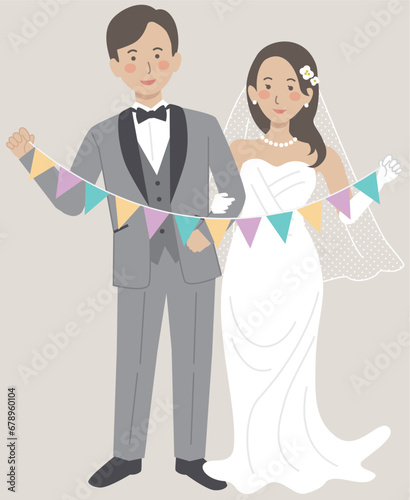 結婚式イラスト、ガーランドを持つ新郎新婦