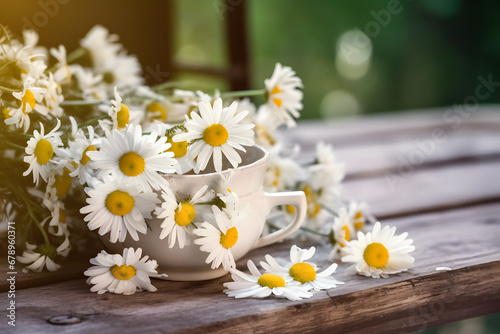 Chamomile flowers in teacup on wooden table in garden