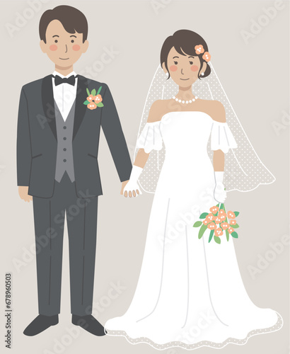 結婚式イラスト、手をつなぐ新郎新婦