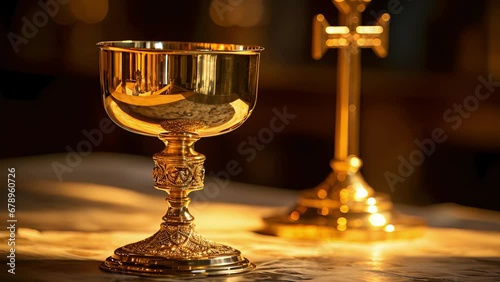 Closeup of a golden chalice and paten, used to hold the wine and bread during communion, p in front of a plain metal cross, highlighting the solemnity and significance of the Eucharist. photo