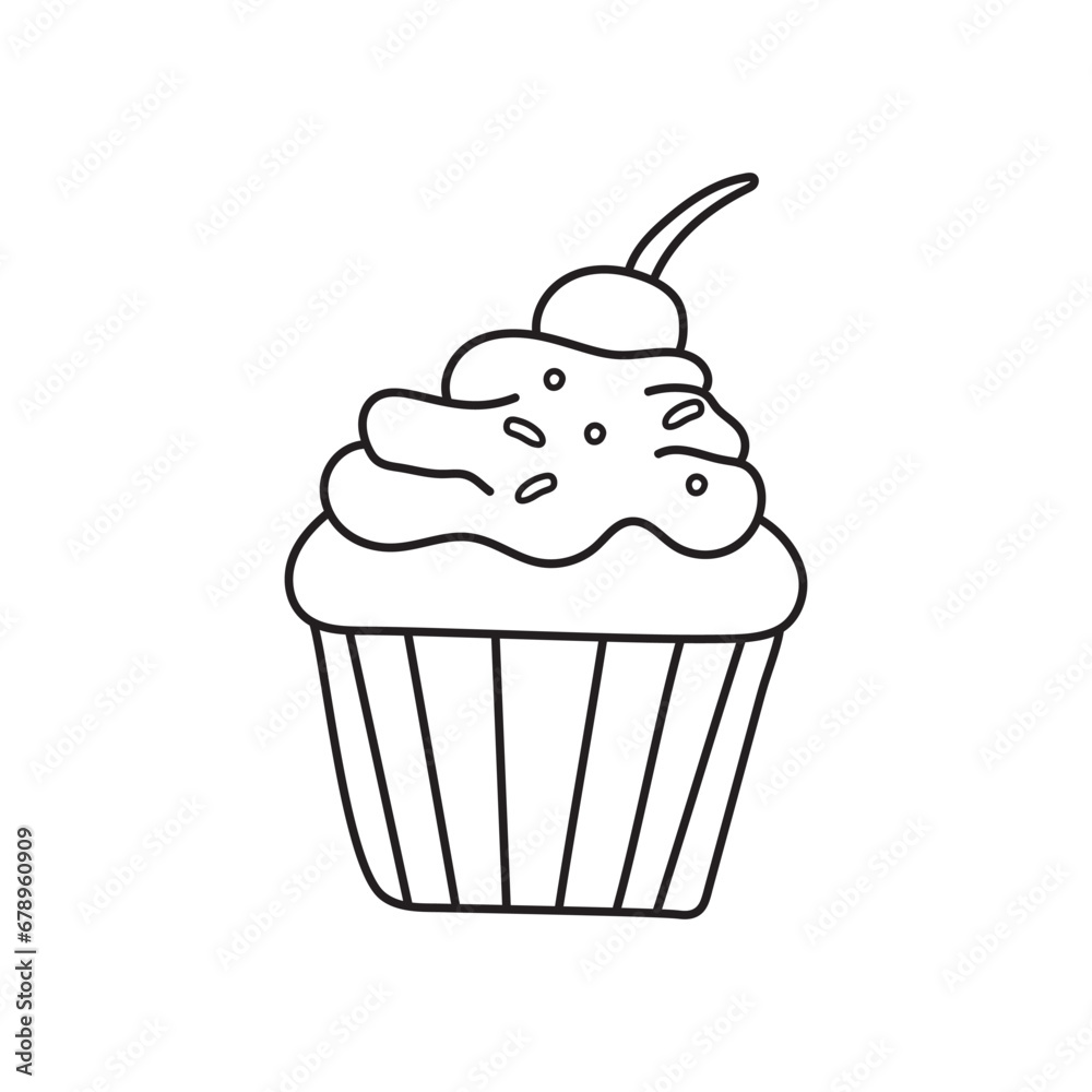 Hand drawn Kids drawing Cartoon Vector illustration cherry chocolate cupcake icon Isolated on White Background