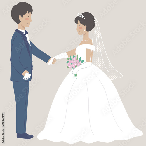 結婚式イラスト、向かい合って手を取る新郎新婦