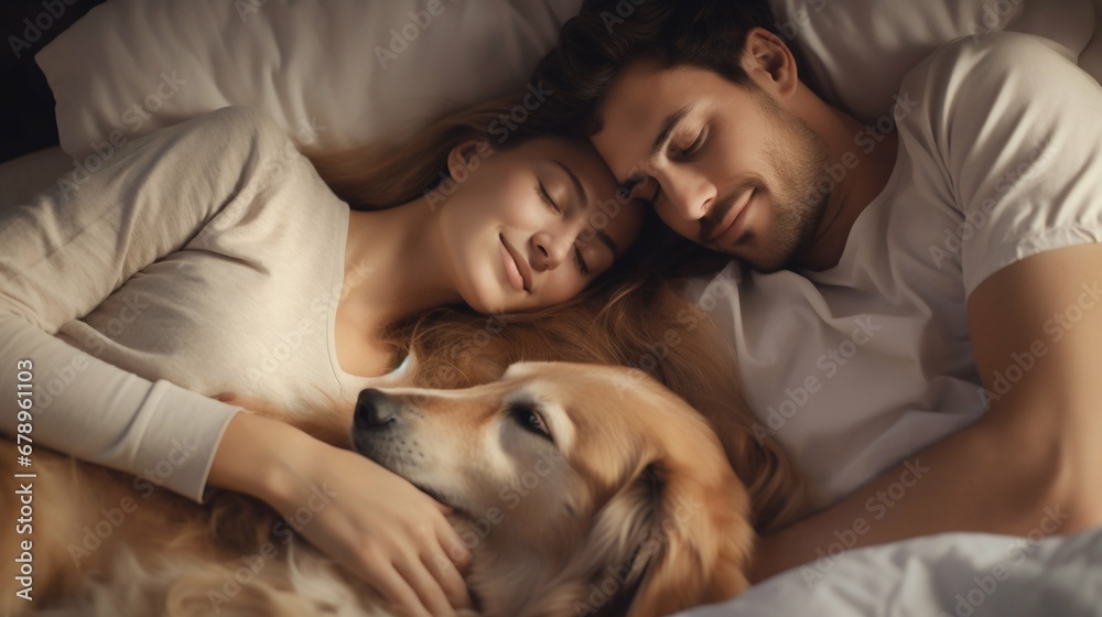 Peaceful Slumber: Young Couple and Dog Asleep in a White Bed. Generative ai Peaceful Slumber: Young Couple and Dog Asleep in a White Bed. Generative ai