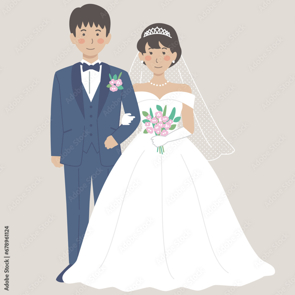 結婚式イラスト、腕を組んで正面を向く新郎新婦 結婚式イラスト、腕を組んで正面を向く新郎新婦