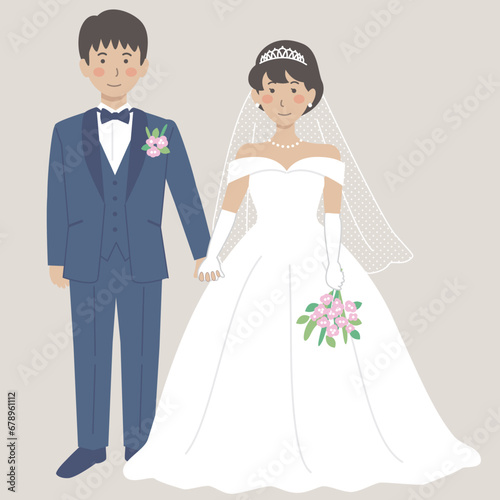 結婚式イラスト、手をつなぐ新郎新婦