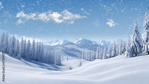 Beautiful fantasy winter nature landscape and mountains animated background.Seamless looping video background animation, Anime or cartoon style. Generated with AI