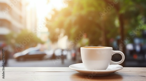 Urban Morning Bliss: Coffee in a White Cup at an Outdoor Cafe. Generative ai