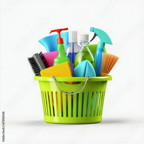 Cleaning Supplies Basket Isolated on White. Generative ai