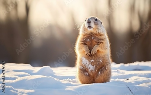 Cute fluffy photorealistic groundhog standing on the snow in the sunlight on blurred background. Happy groundhog day banner or poster. De focus, copy space. AI Generative