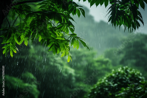 the rain drops water over green leaves in a rainforest