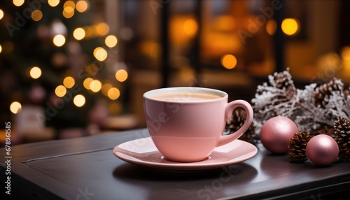 Pink cup in coffee shop with Christmas tree in interior near fireplace
