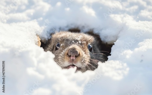 Cute happy fluffy photorealistic groundhog comes out of a snowy hole after hibernation looking at the camera. Sunny weather, light. Happy groundhog day banner, poster with white snow. AI Generative.
