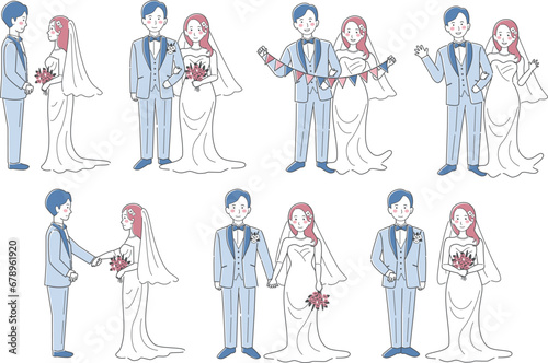 ウェディングドレス、タキシード、新郎新婦、全身、結婚式イラストバリエーションセット