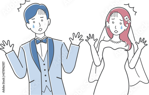 結婚式イラスト、両手を広げて驚愕して悲しむ新郎新婦